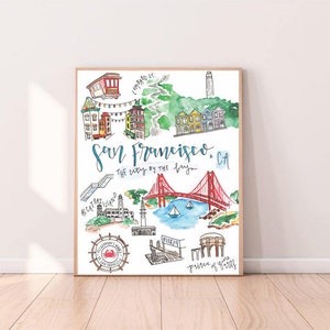 Descarga digital** San Francisco ilustrada acuarela / Golden Gate / Fisherman&#39;s Wharf / Lombard / Painted Ladies / China Town / Alcatraz
