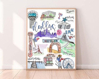 May include: A watercolour illustration of Dallas, Texas landmarks, including the Dallas Arts District, Deep Ellum, the Majestic Theatre, and the Reunion Tower. The illustration is in a white frame and includes the text "dallas" in blue and purple.