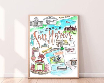 Digital Download** San Marcos, TX Illustrated Watercolor | Texas State University || Old Main || River || Sewell Park || Mermaids || Murals