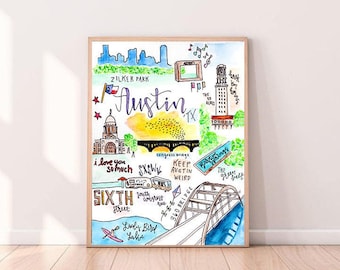 Digital Download** Austin, TX Illustrated Watercolor | University of Texas | Zilker Park | Sixth Street | South Congress Bridge