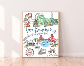 Digital Download** San Francisco Illustrated Watercolor | Golden Gate | Fisherman's Wharf | Lombard | Painted Ladies | China Town | Alcatraz