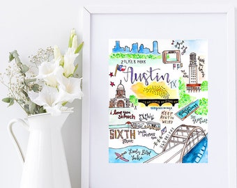 Austin, TX Illustrated Watercolor 8x10 Art Print || University of Texas || Zilker Park || Sixth Street || South Congress Bridge