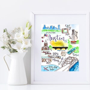 Austin, TX Illustrated Watercolor 8x10 Art Print || University of Texas || Zilker Park || Sixth Street || South Congress Bridge