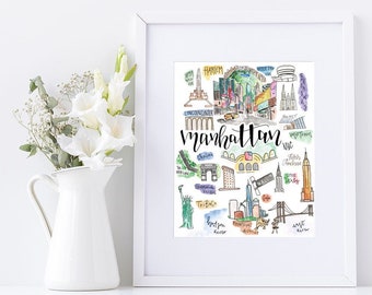 Manhattan, New York City Art Print Illustrated Watercolor 8x10 features Central Park, Skyline, Brooklyn Bridge, St Patrick's, Empire State