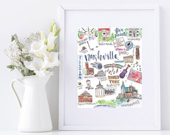 Nashville, TN || Illustrated Watercolor 8x10 Art Print || Skyline || Ryman Auditorium || Vanderbilt || Belmont || Belle Meade