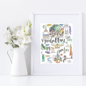 Manhattan, New York City Art Print Illustrated Watercolor 8x10 presenta Central Park, Skyline, Brooklyn Bridge, St Patrick's, Empire State