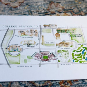College Station Illustrated Map 8x10 Art Print || Texas A&M University || Kyle Field || George Bush Library || Dixie Chicken