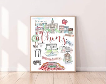 Digital Download** Athens, GA Illustrated Watercolor | University of Georgia || Sanford Stadium || Chapel || Old College|| College Ave