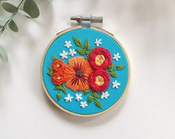 HOME DECOR | Floral Hand Embroidery Hoop, Pansies, Orange Flowers, Red Flowers, Stocking Stuffer, Floral Wall Art, 3 Inch Embroidery