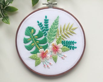 HOME DECOR | Tropical Hibiscus Embroidery Hoop Art, Wall Art, Floral Embroidery Art, Hand Embroidery Art, Monstera Art, Hibiscus Art