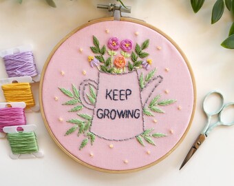 HOME DECOR | Keep Growing Embroidery Hoop Art, Wall Art, Floral Embroidery Art, Hand Embroidery Art, Positive Quotes, Inspirational Art