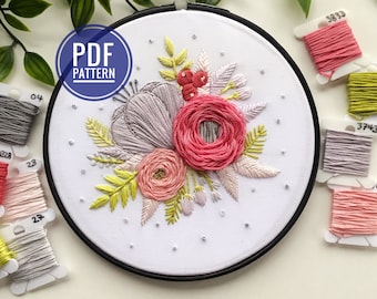 PDF PATTERN | Pink & Purple Floral, Floral Embroidery Pattern, Needlecraft Pattern, Embroidery Designs, Learn Embroidery