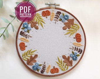 PDF PATTERN | Harvest Wreath, Beginner Embroidery Pattern, Fall Decor, Autumn Decor, Wheat, Acorn Leaves, DIY Embroidery, Pumpkin Decor