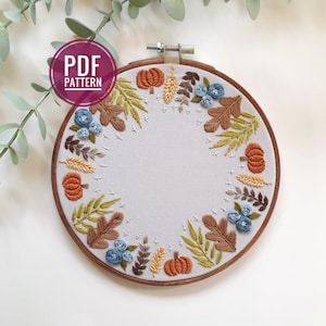 PDF PATTERN | Harvest Wreath, Beginner Embroidery Pattern, Fall Decor, Autumn Decor, Wheat, Acorn Leaves, DIY Embroidery, Pumpkin Decor