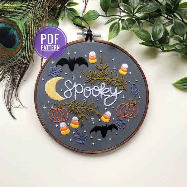 PDF PATTERN | Spooky Halloween, Spooky Decor, Halloween Embroidery, Candy Corn, Bats, Beginner Embroidery Pattern, Easy Embroidery PDF
