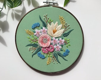 HOME DECOR | Moody Celadon Floral Embroidery Hoop Decor, Gift for Her, Modern Hand Embroidery, Floral Embroidery, Handmade Art, Wall Art