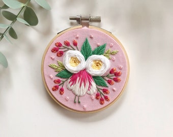 HOME DECOR | Floral Hand Embroidery Hoop Decor, Pink Floral, Stocking Stuffer, Floral Wall Art, Gift for Her, 3 Inch Embroidery