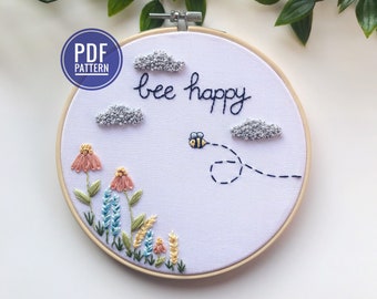 PDF PATTERN | Bee Happy, Beginner Embroidery Pattern, Gift for Friend, Bumblebee Embroidery, Cute Bee Gift, Needlecraft Pattern,Spring Decor