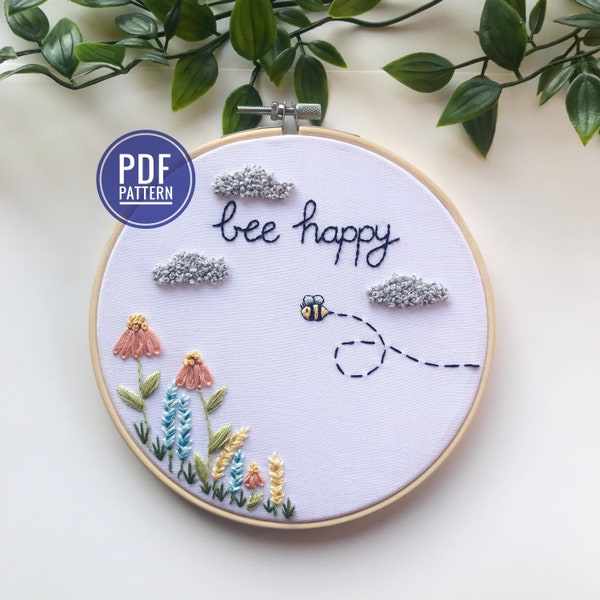 PDF PATTERN | Bee Happy, Beginner Embroidery Pattern, Gift for Friend, Bumblebee Embroidery, Cute Bee Gift, Needlecraft Pattern,Spring Decor