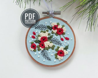 Könnte beinhalten: Ein PDF-Muster für einen floralen Stickrahmen-Anhänger. Das Design zeigt rote und weiße Blumen mit grünen Blättern auf hellblauem Hintergrund.