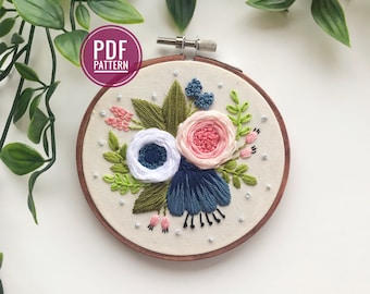 PDF PATTERN | Floral Baubles 1 - Pink & Blue Roses, Beginner Embroidery Pattern, Needlecraft Pattern, Embroidery Designs, Floral Embroidery