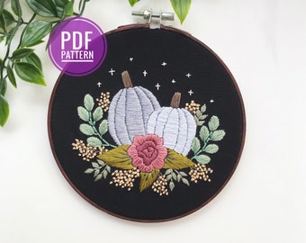 PDF PATTERN | Pearlescent Pumpkins, Halloween Embroidery, Pumpkin Embroidery, Beginner Embroidery Pattern, Floral Pumpkin, Witchy, Cottage
