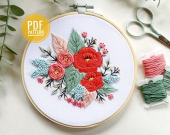 PDF PATTERN | Bright Poppies, Beginner Embroidery Pattern, Easy Embroidery, Needlepoint, PDF Pattern, Floral Embroidery, Flowers Embroidery