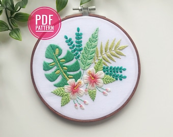 PDF PATTERN | Tropical Hibiscus, Beginner Embroidery Pattern, Monstera Leaf Art, Floral Embroidery, Tropical Art, Plant Mom, Plant Lover