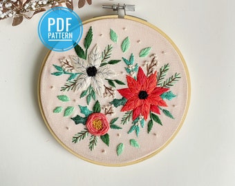 PDF PATTERN | Poinsettias on Pink, Christmas Embroidery Pattern, DIY Embroidery, Christmas Decor, Needlecraft Pattern, Holiday Crafts