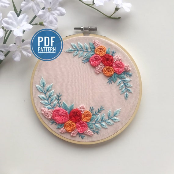 PDF PATTERN Pink and Blue Floral Embroidery Pattern Beginner