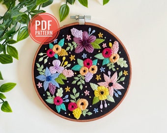 PDF PATTERN | Bright on Black Florals, Beginner Embroidery Pattern, Easy Embroidery, Needlepoint, PDF Pattern, Floral Embroidery