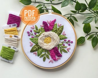 May include: Embroidered floral hoop art with a white flower, pink and green leaves, and a yellow center. The hoop is surrounded by four spools of embroidery floss in pink, yellow, white, and green.