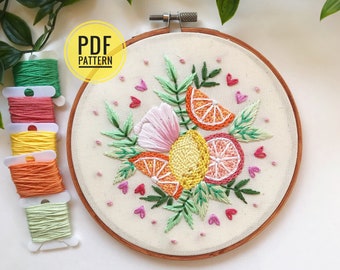 PDF PATTERN | Triple Citrus, Beginner Embroidery Pattern, Summer Fruit Art, Oranges, Lemons, Grapefruit, Floral Embroidery, DIY Embroidery