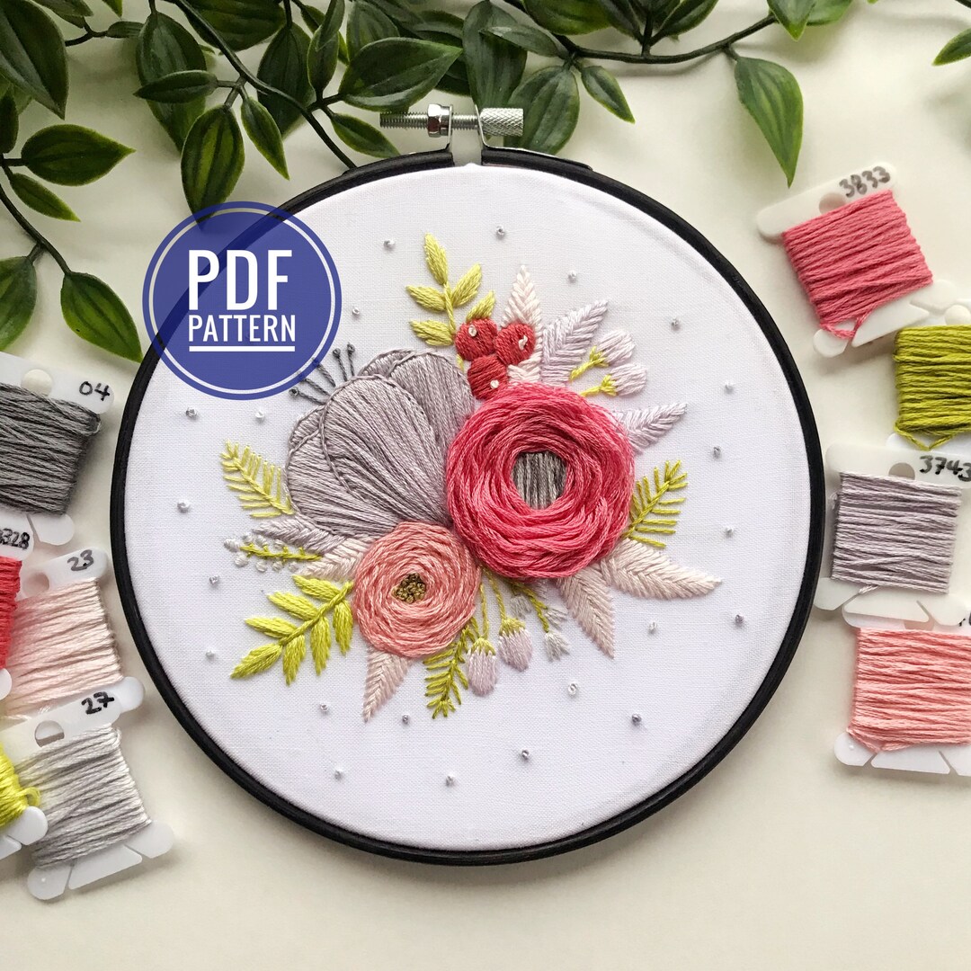 PDF PATTERN | Pink & Purple Floral, Floral Embroidery Pattern ...