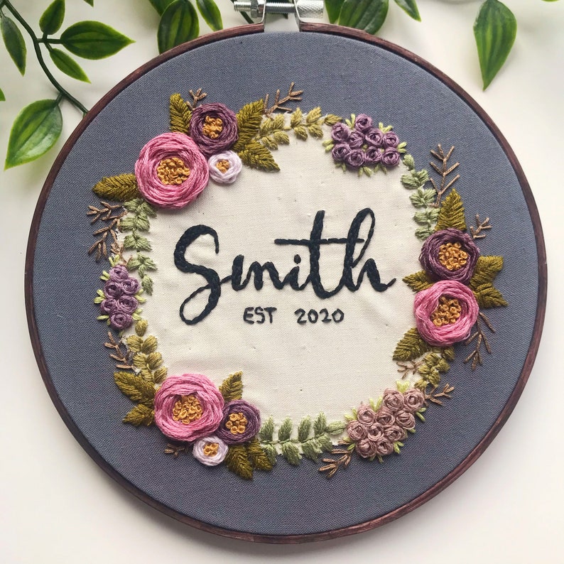 Custom Name Floral Wreath Embroidery Anniversary Gift Etsy