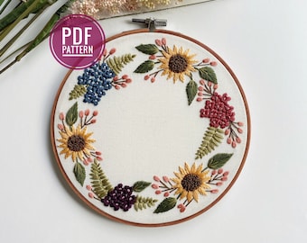 MODÈLE PDF | Couronne de tournesol, motif de broderie débutant, décor d'automne, décor d'automne, broderie florale, broderie bricolage, décor de récolte