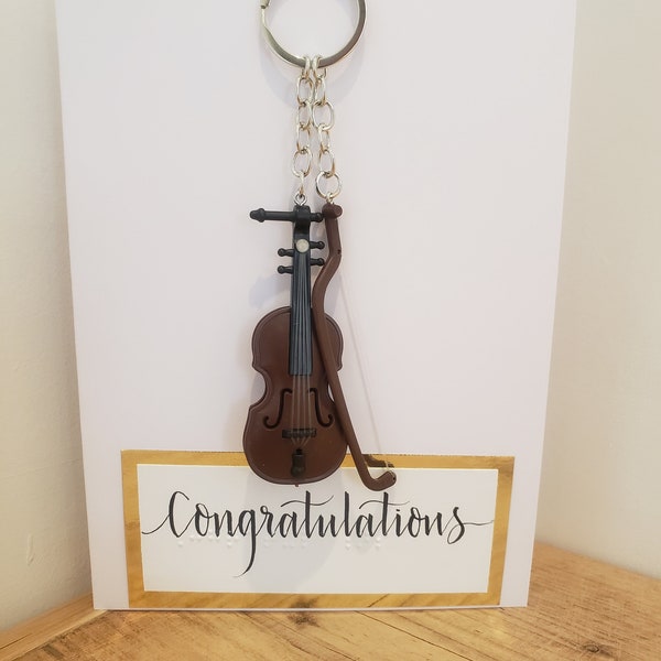 Tactile scented sensory braille card with detachable violin keyring/bag charm- personalised greeting and message- suitable for any occasion