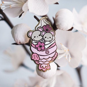 Mice & Sakura Taiyaki Parfait (Japan Spring Sweeties) Hard Enamel Pin| Original Designs by mofuseasons | Cherry Blossom | Seasonal Gift