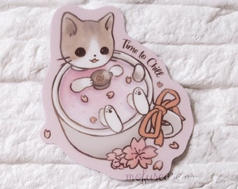 Chill Time with Cat Sticker | Original Designs by mofuseasons | Cherry Blossom, Sakura Latte | Waterproof Sticker, Journaling, Scrapbooking