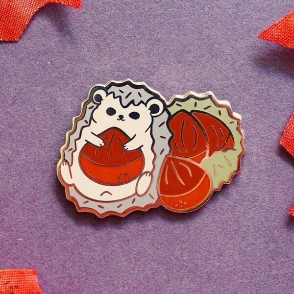 Hedgehog with Chestnuts Hard Enamel Pin (Friends of Japan Autumn) | Original Designs by mofuseasons | Fall Season | Cute Gift