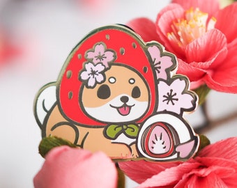 Shiba & Strawberry Mochi (Japan Spring Sweeties) Hard Enamel Pin| Original Designs by mofuseasons | Cherry Blossom, Dog | Birthday Gift