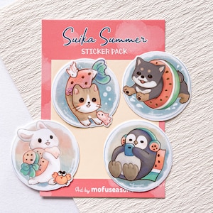 Paquete de pegatinas Suika Summer Animals / Conjunto de 4 pegatinas de vinilo / Diseños originales de mofuseasons / Pegatina impermeable, pegatina para computadora portátil