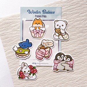 Paquete de pegatinas Winter Babies / Juego de 6 pegatinas de vinilo / Diseños originales de mofuseasons / Pegatina impermeable, pegatina para computadora portátil, Scrapbooking