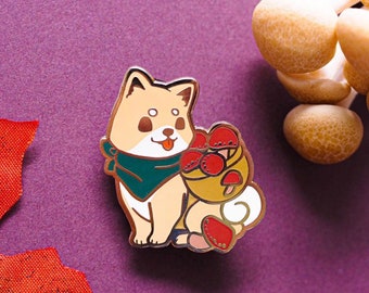 Shiba with Mushrooms Hard Enamel Pin (Friends of Japan Autumn)| Original Designs by mofuseasons | Fall Season | Birthday Gift