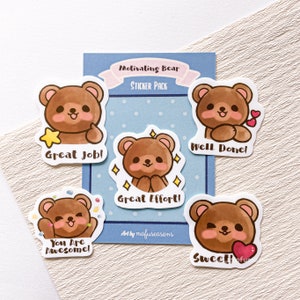 Paquete de pegatinas de osos motivadores / Conjunto de 5 pegatinas de vinilo / Diseños originales de mofuseasons / Pegatina impermeable, pegatina para computadora portátil, diario