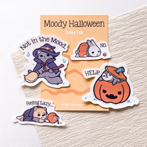 Paquete de pegatinas Moody Halloween / Conjunto de 4 pegatinas de vinilo/Diseños originales de mofuseasons / Pegatina impermeable, pegatina para computadora portátil, Scrapbooking