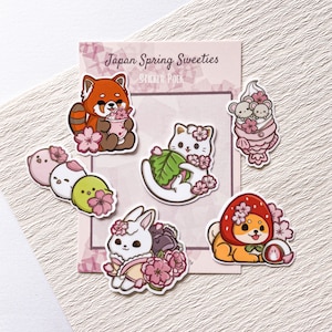 Paquete de pegatinas Japan Spring Sweeties / Conjunto de 6 pegatinas de vinilo / Diseños originales de mofuseasons/Pegatina impermeable, pegatina para computadora portátil, diario