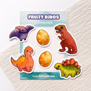 Paquete de pegatinas Fruity Dinos / Conjunto de 6 pegatinas de vinilo / Diseños originales de mofuseasons / Pegatina impermeable, pegatina para computadora portátil, diario