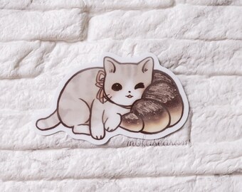 Cat with Croissant Pillow Sticker | Original Designs by mofuseasons | Cat Lover, Lazy Cat, Cat Lover | Journaling, Scrapbooking, Waterproof