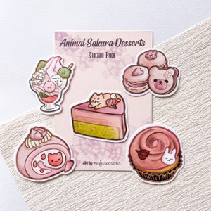 Paquete de pegatinas de postres Animal Sakura / Conjunto de 5 pegatinas de vinilo / Diseños originales de mofuseasons / Pegatina impermeable, pegatina para computadora portátil